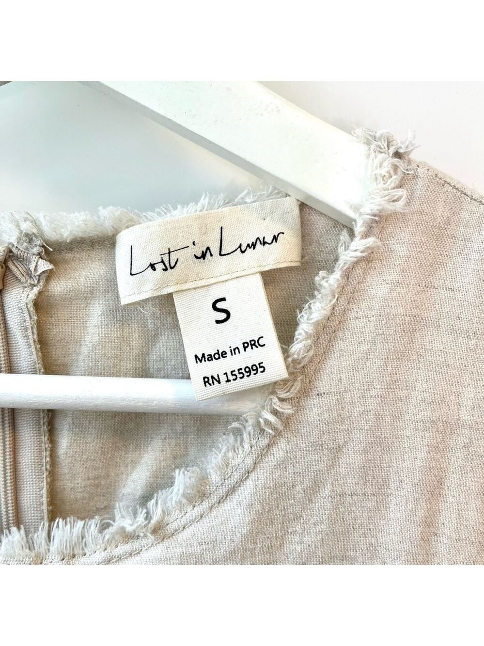 Lost in Lunar Linen Cotton Shift Dress Fringe Trim, Beige Oatmeal Sleeveless, S - Picture 4 of 16